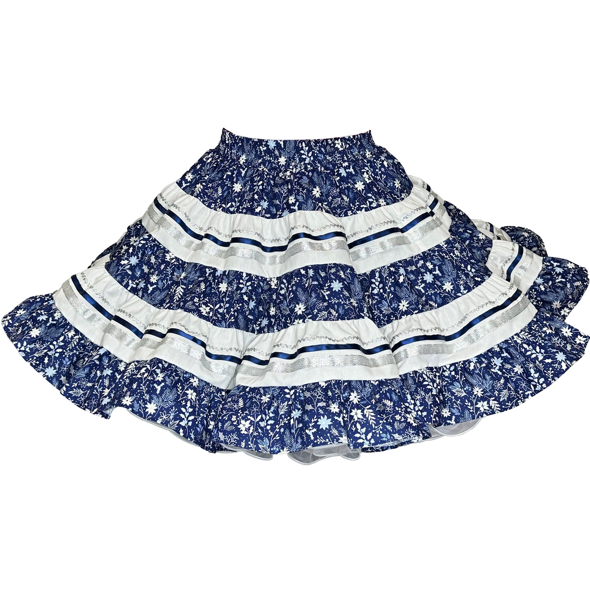 A Navy Blue Holiday Square Dance skirt with ruffles, perfect for Christmas, from Square Up Fashions.