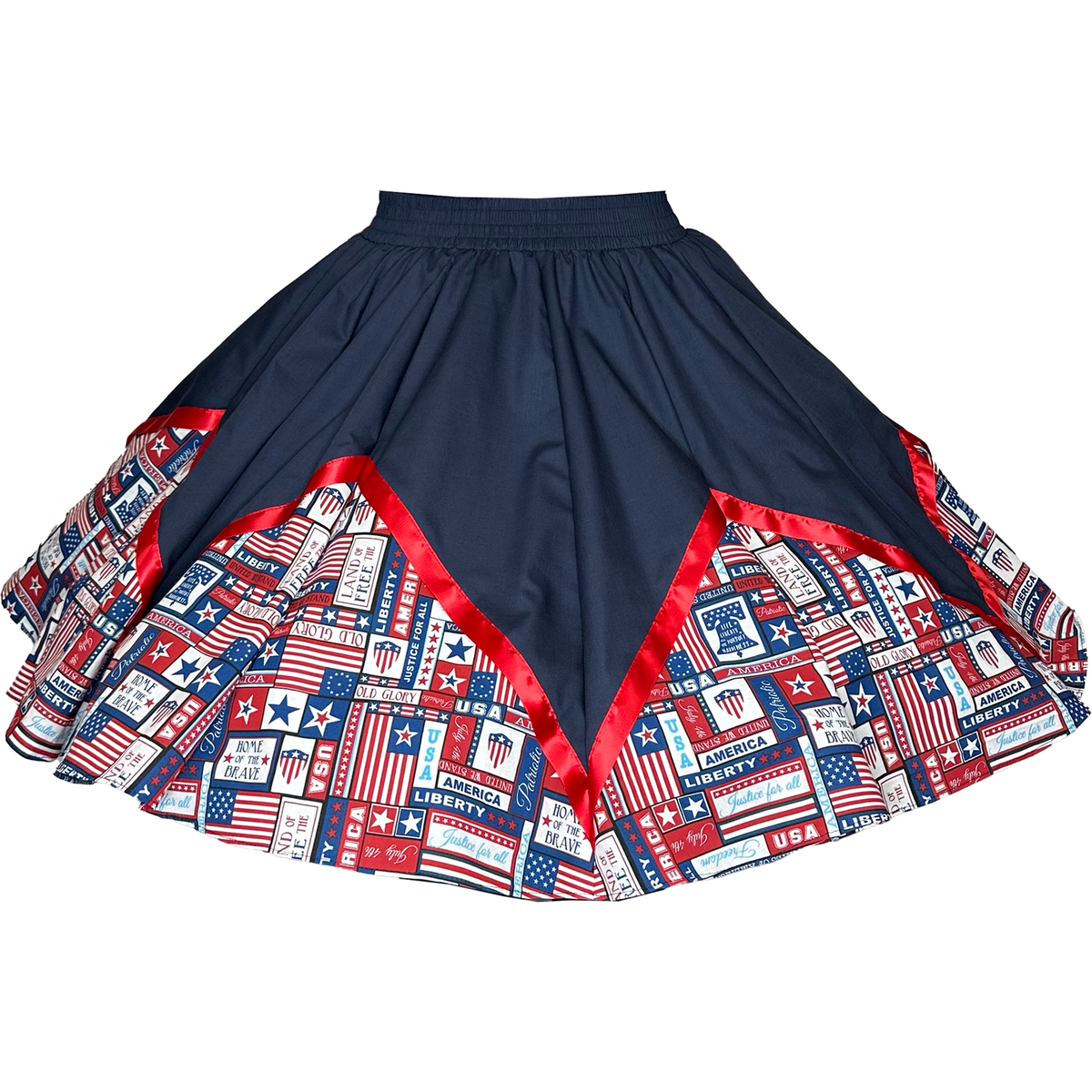 A dark blue 12-gore skirt with a red trim and triangular panels featuring various American-themed prints, including stars, stripes, and phrases like &quot;USA&quot; and &quot;Liberty,&quot; makes the July 4th Square Dance Skirt by Square Up Fashions an iconic American pride outfit.