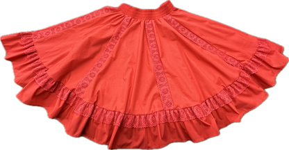 Red 8 Gore Lace Square Dance Skirt with ruffles and custom lace details on a black background by Square Up Fashions.