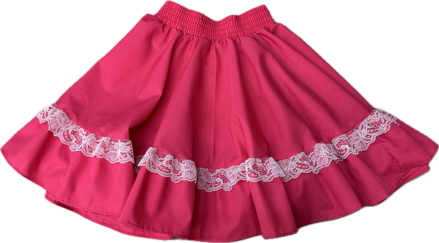 Pink Childrens Circle Skirt with lace trim by Square Up Fashions on a white background.