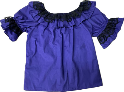 The Laced Scoop Blouse by Square Up Fashions is designed in purple with black lace trim on the collar and short sleeves, and features a ruffle collar for an elegant touch.