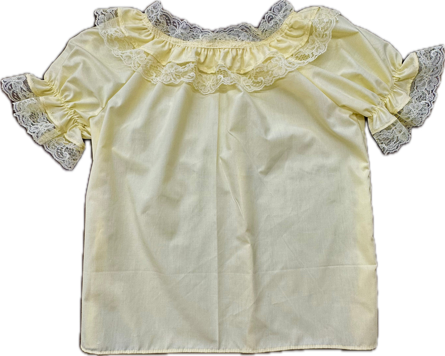 The Basic Laced Blouse by Square Up Fashions is a cream-colored short-sleeve lace blouse adorned with frilly lace trim on the collar, sleeves, and hem, available in custom sizes.