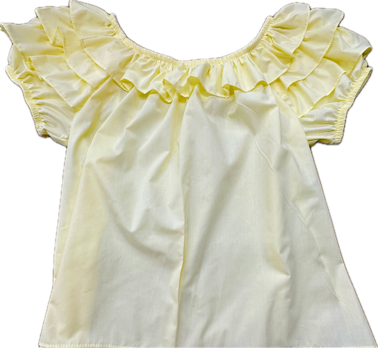 The Triple Ruffle Blouse by Square Up Fashions is a vibrant yellow peasant blouse with short sleeves and a charming ruffled trim along the neckline.