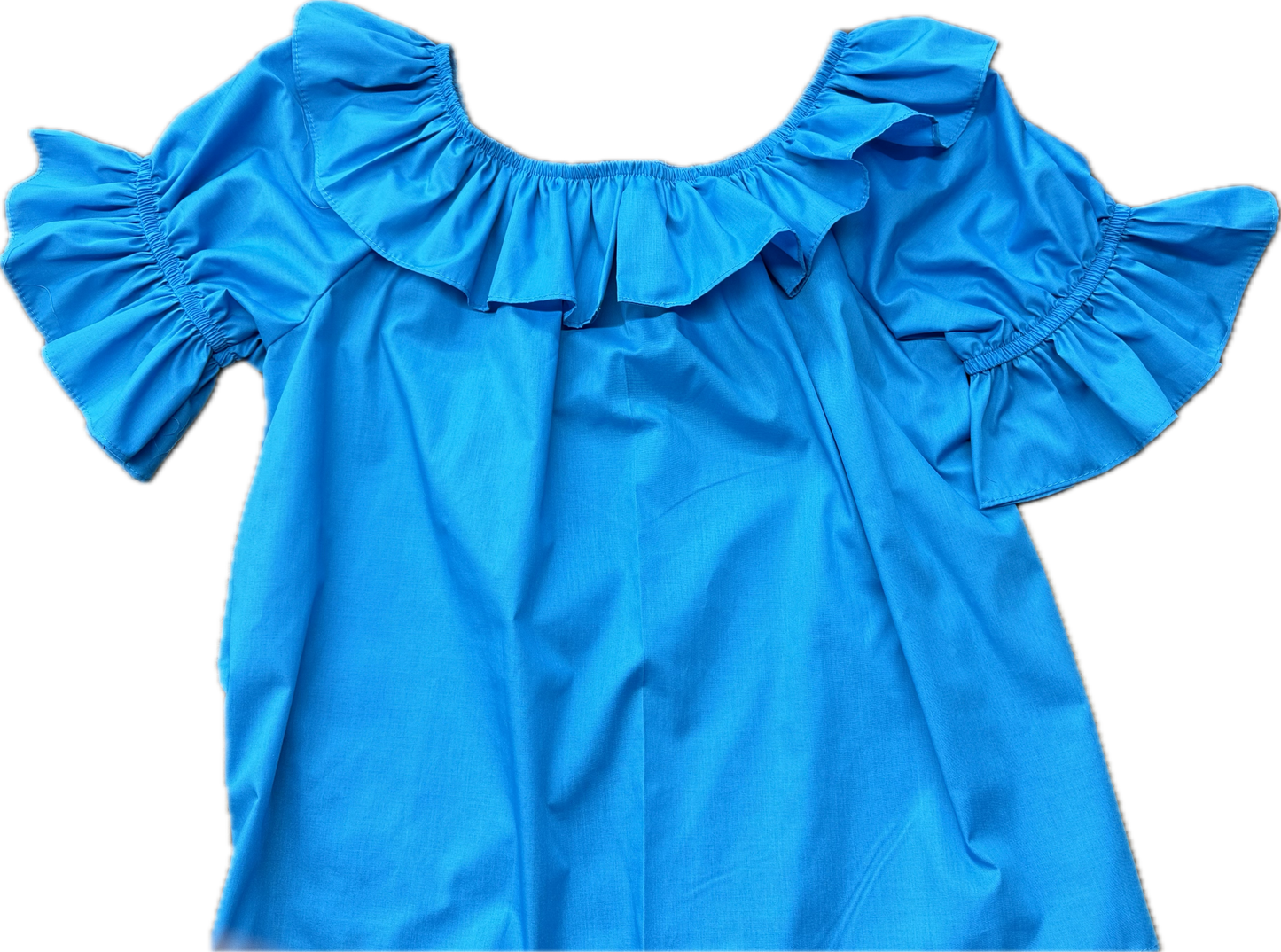 The Scoop Neck Blouse by Square Up Fashions boasts a vibrant blue shade with a split ruffle collar and sleeves, providing a generous fit for effortless elegance.