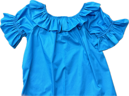 The Scoop Neck Blouse by Square Up Fashions boasts a vibrant blue shade with a split ruffle collar and sleeves, providing a generous fit for effortless elegance.