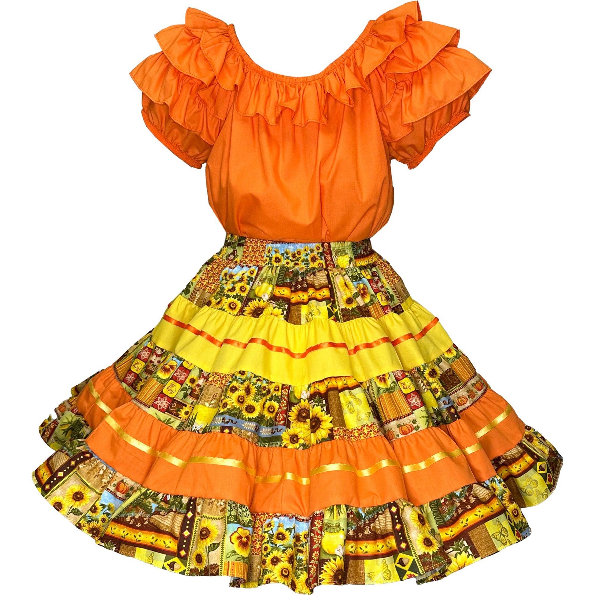 A girl's Golden Harvest Fall Outfit with ruffles, perfect for the autumn harvest season, by Square Up Fashions.