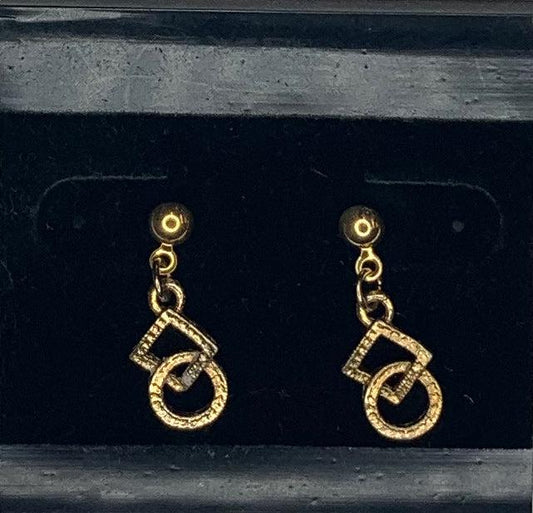 Introducing the Dangling Square and Round/Double Squares Dance Earrings by Square Up Fashions: These stunning gold earrings feature a geometric circle and square design on a black background, capturing the elegance and dynamic motion of square dance artistry.