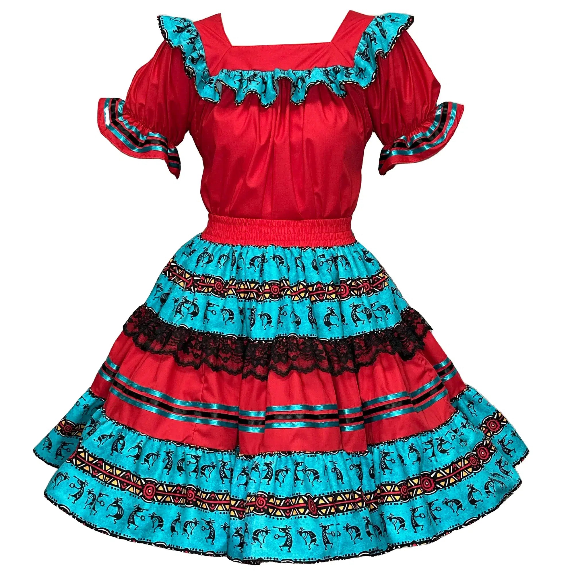 7680 Two piece Square Dance Outfit in Black Print Fabric accented with  White Lace