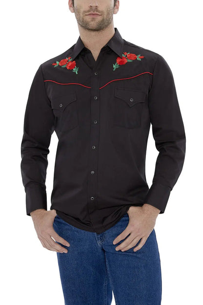 Hi-res black ELY men's western embroidered shirt showcasing Ely brand and featuring intricate Western yokes with embroidered roses.