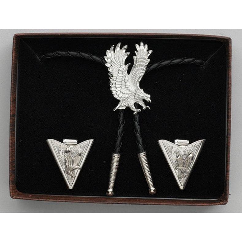 Diamond Cut Silver Eagles Bolo Tie & Collar Tip Set, Collar Tips - Square Up Fashions